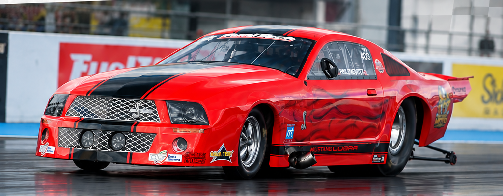 Red Hirst Brothers Mustang Cobra drag racing